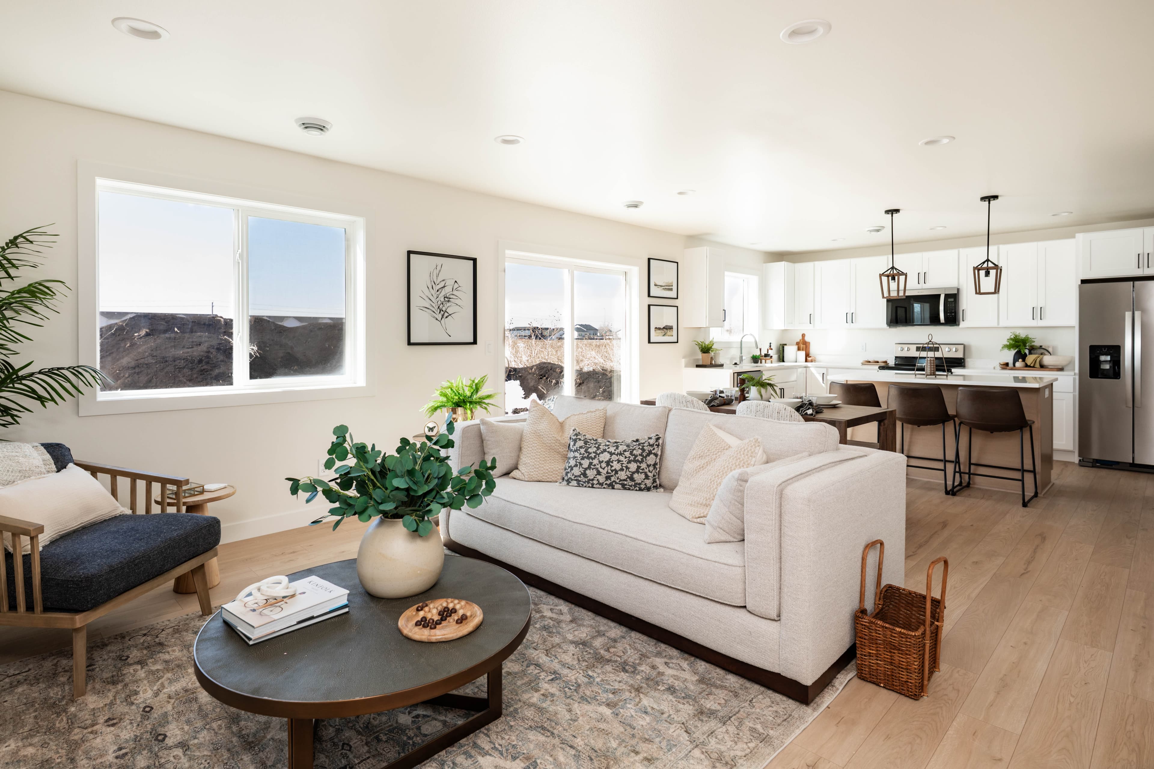 Sunlit living room with desert-style finishes
